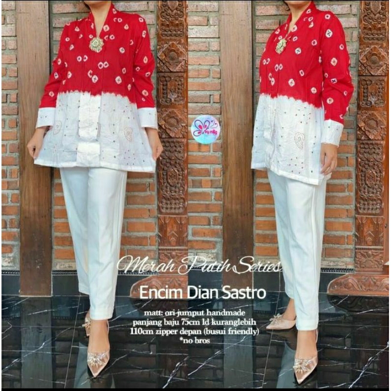 Blus Tunik Merah Putih Series Encim Dian Sastro Centini Jumputan Blus Jumput 2 Tone White Series Blu
