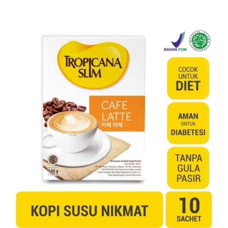 Tropicana Slim Drink Cafe Latte 140 gram isi 10 Sachet / Minuman Kopi Susu Bubuk Rendah Kalori / Die