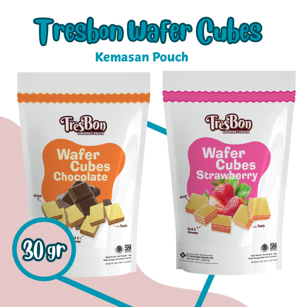 

TRESBON WAFER CUBES RASA STROBERI DAN COKLAT 35 Gr Biskuit Wafer Kemasan Pouch