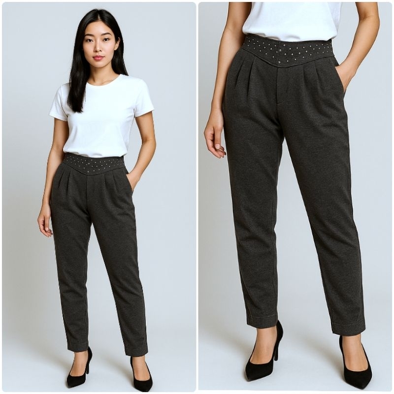 New NYLA studed baggy pants M dark grey / bawahan celana panjang wanita warna abu tua detail studs