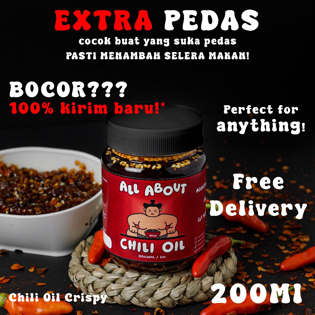 

AACO- Premium Garlic Chili Oil Extra Pedas dan Original Tidak Pedas 200Ml | MINYAK CABAI TANPA PENGAWET