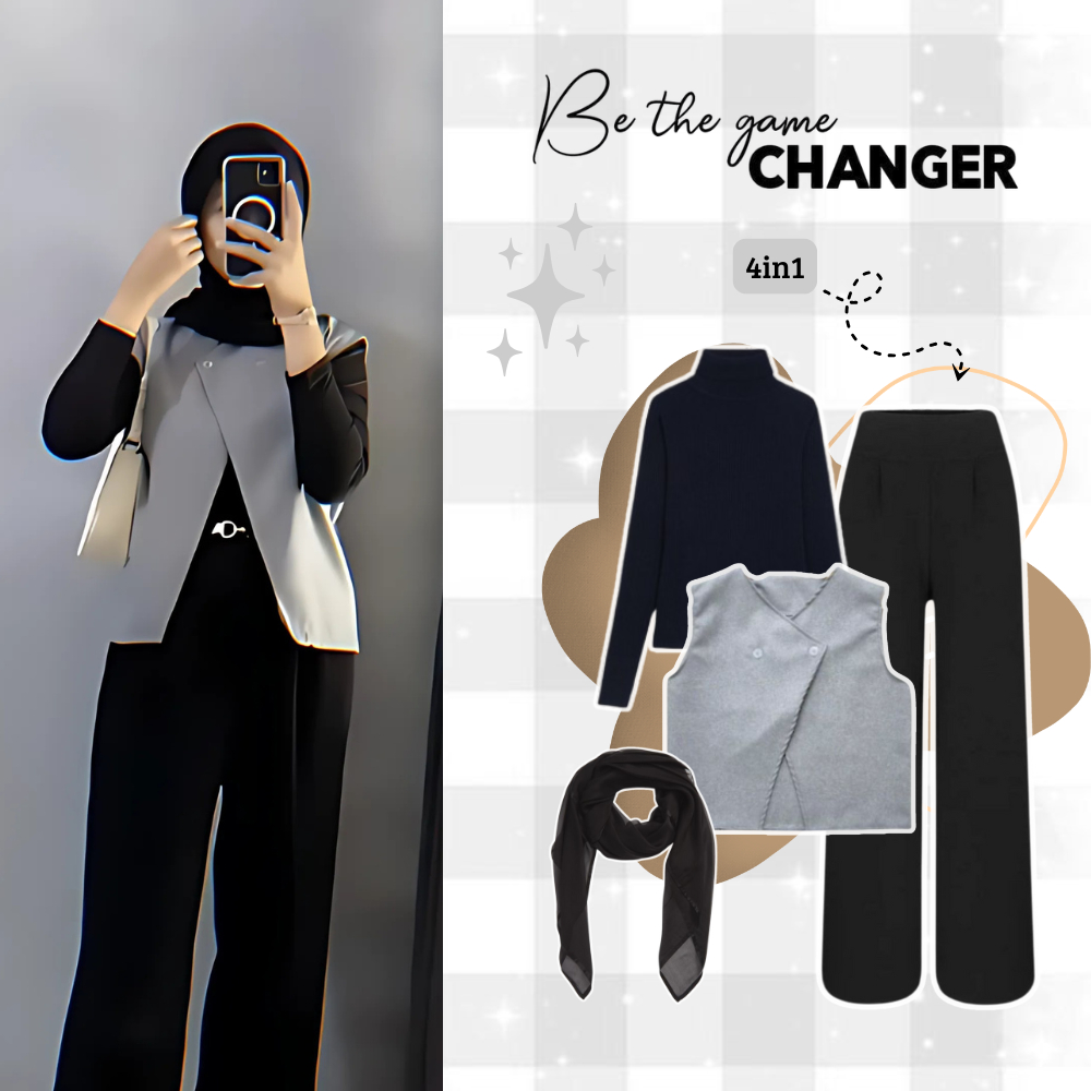 Oneset Korean 4in1 Setelan Remaja (Manset+Vest+Hijab+Celana) OOTD Kekinian Wanita Setelan Muslim Hij