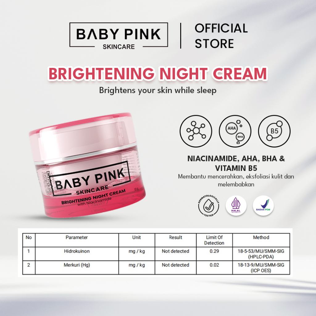 BABY PINK SKINCARE Brightening Night Cream 10g, krim malam dengan Niacinamide untuk mencerahkan & me
