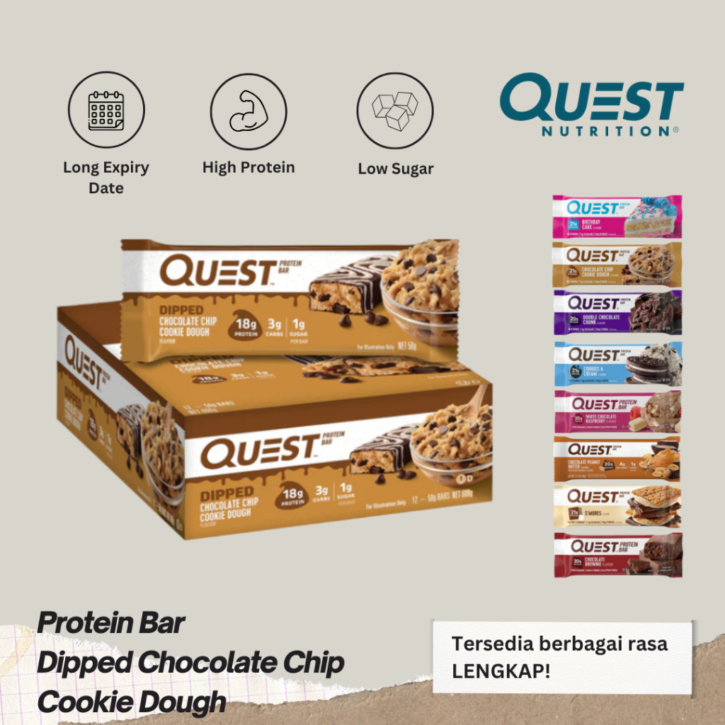 

Quest Protein Bar 60g Rasa Dipped Chocolate Chip Cookie Dough Nutrition Energy Healthy Snack Bars Fitness Gym Low Sugar High Protein High Fiber