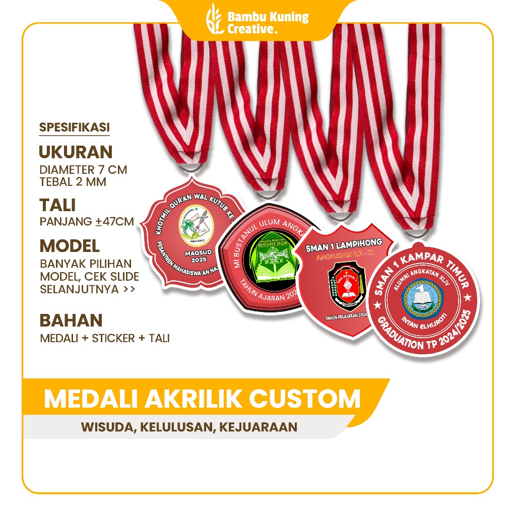 BKC Trophy Medali Wisuda SD SMP SMA Custom Nama – Tali Sabuk Premium | Souvenir Kenang-Kenangan Seko