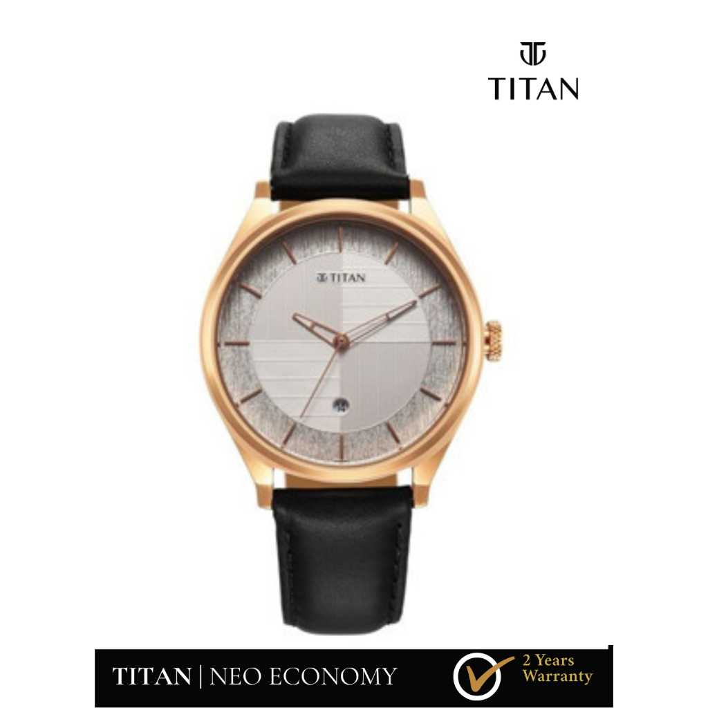Jam Tangan Pria Titan Neo Economy Quartz Analog with Date Silver Dial Black Leather Strap Watch For 