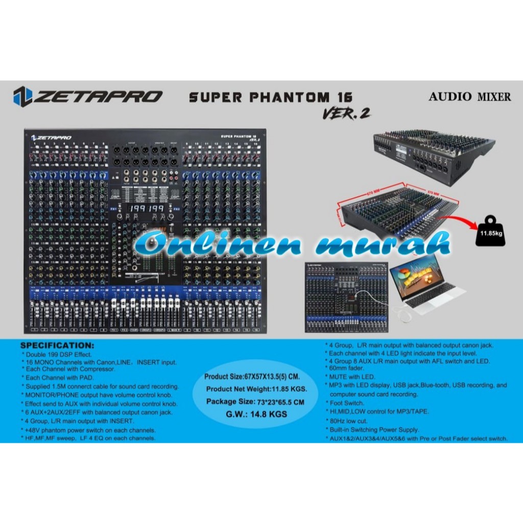 Mixer 16 Channel ZETAPRO SUPER PHANTOM 16 VER.2 / VER 2 Double Effect Original
