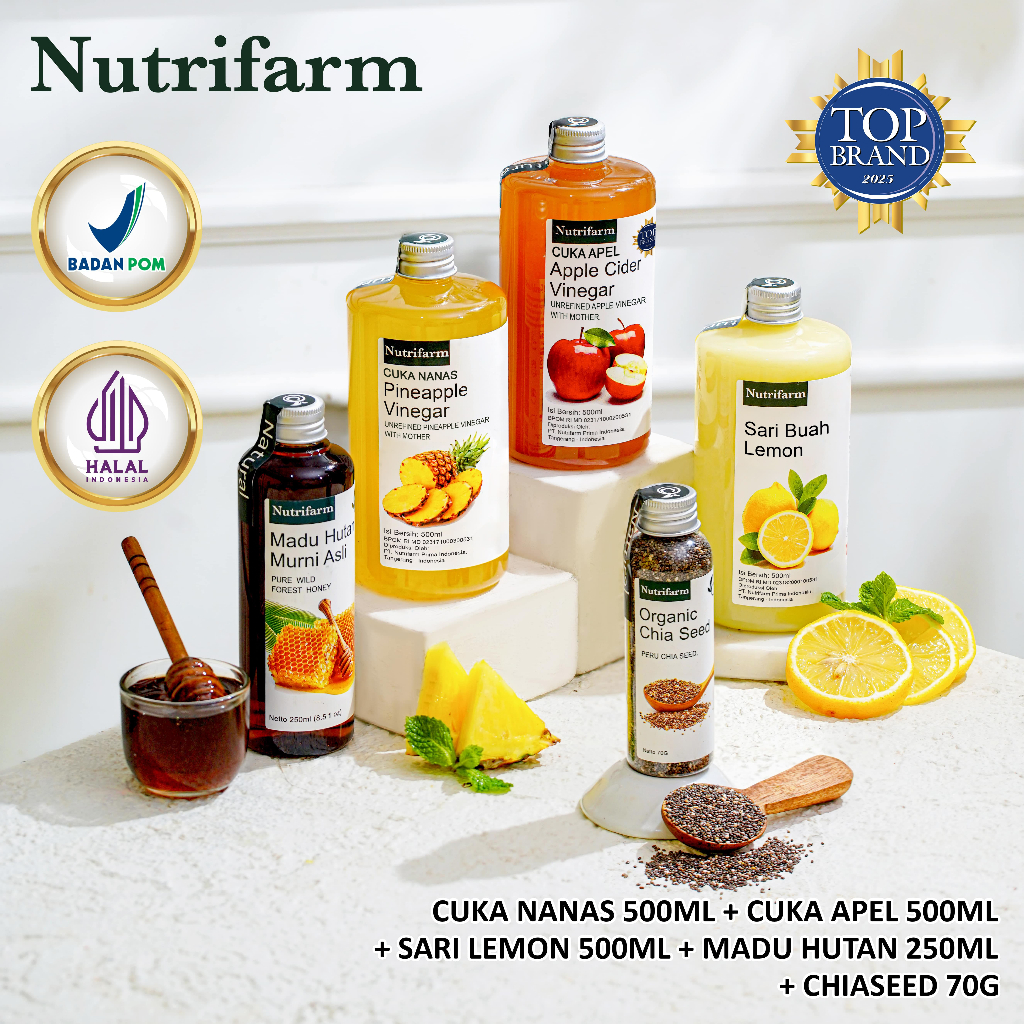 Paket Combo Nutrifarm 5 In 1 / Cuka Nanas Lemon Apel Madu Hutan Chia Seed / Cuka Apel Original