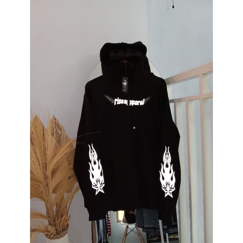 Hoodie Balaclava Zipper Reflektif Sablon Nyala Jaket Boxy Hitam Pria Wanita