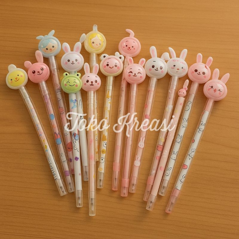 

(Per pcs) Pulpen Lucu Pena Karakter Payet Glitter Bolpen Black Ink Gel Pastel Warna Warni