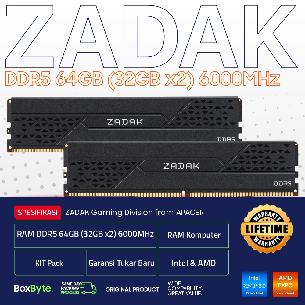 RAM DDR5 64GB (32GB x2) KIT 6000MHz ZADAK Twist RAM KOMPUTER  / RAM LONGDIMM INTEL AMD DDR5