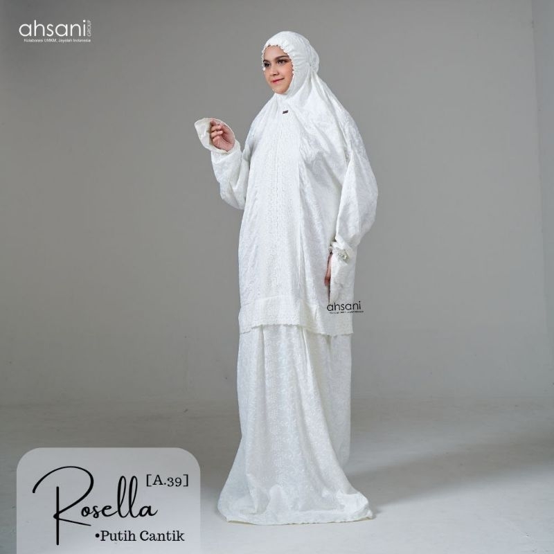 Mukena Terusan Putih Rosella Sutra Super Ahsani A.35 Bordir Timbul Mukena Haji Umroh Nyaman adem dan