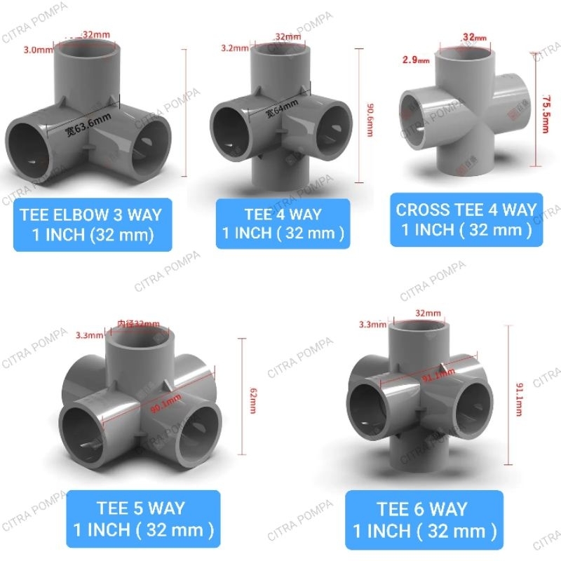 TEE 6 ,5 4 3 WAY 1 INCH ( 32 mm )SAMBUNGAN PIPA PVC