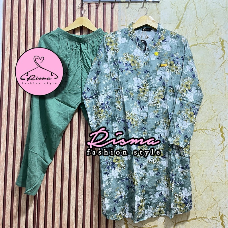 Setelan tunik rayon Litta motif bunga kombinasi bahan rayon twill terbaru