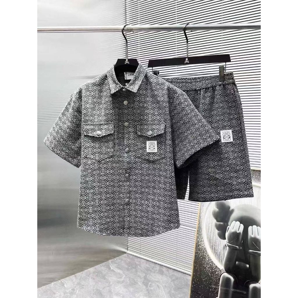 Premiumstore.outfit Setelan Pria Hitam Putih Motif Geometris – Kemeja Kantong & Celana Pendek Santai