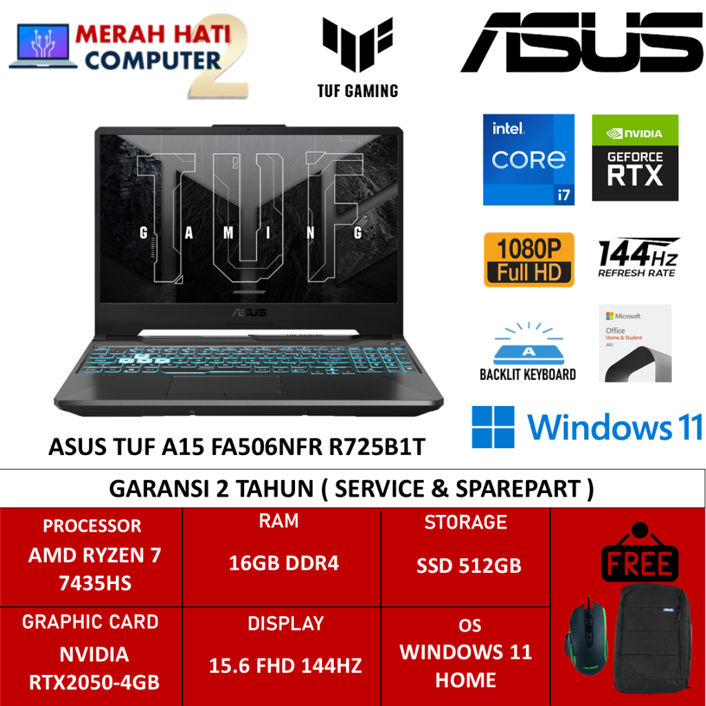 LAPTOP GAMING ASUS TUF A15 FA506NFR RYZEN 7 7435HS 16GB DDR5 512GB 144HZ RTX2050 RGB W11+OHS