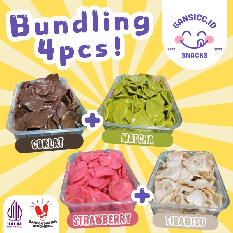 

BUNDLING 4 PCS - Keripik Pisang Coklat Lumer - Rasa Coklat Matcha Strawberry Tiramisu Taro Cuppuccino Vanilla n' Cookies Vanilla n' Red Velvet