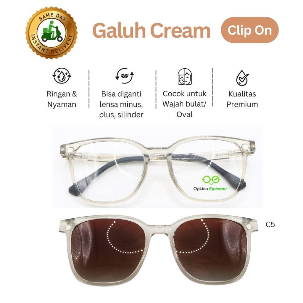 Promo Frame Kacamata CLIP ON GALUH CREAM C5, Lensa minus, plus, silinder, progresif, kualitas optik 