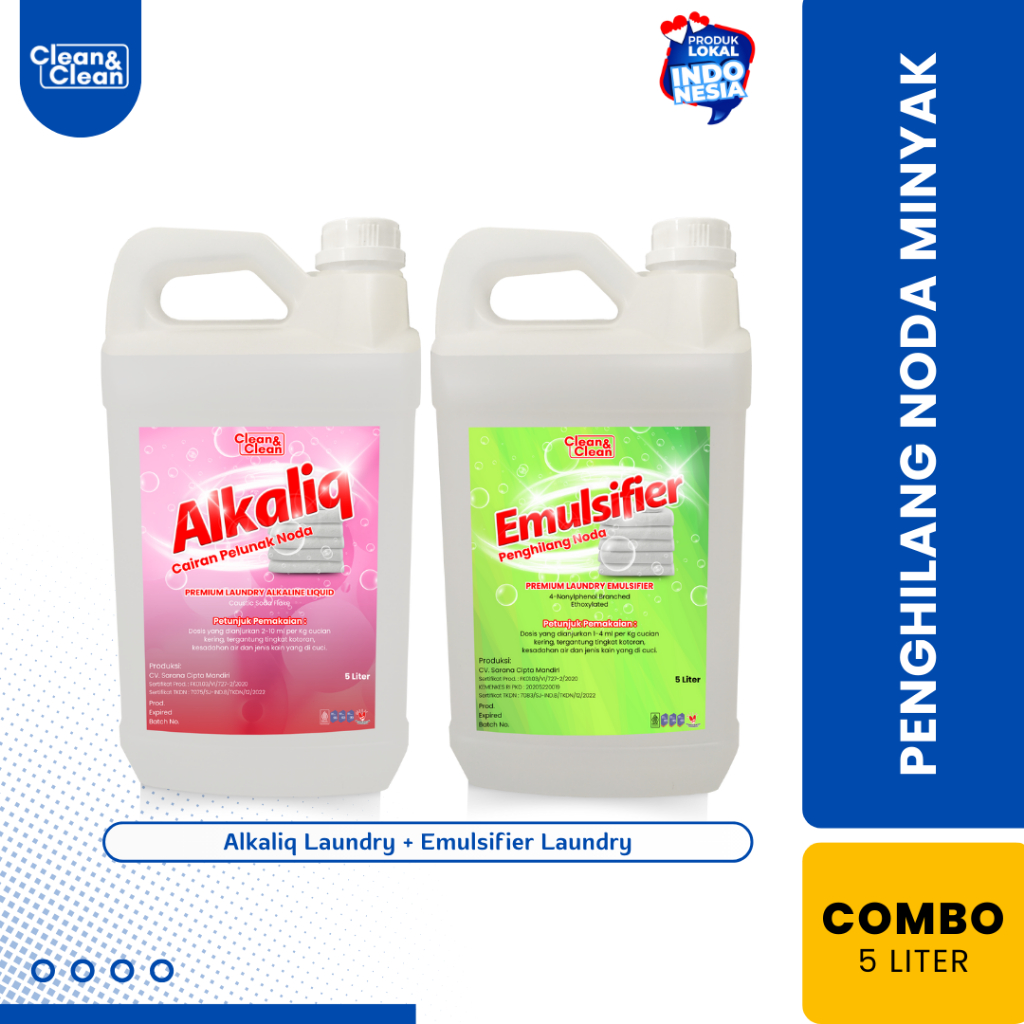 PENGHILANG NODA MINYAK & LEMAK PAKAIAN Alkaliq Laundry + Emulsifier Laundry 5 LITER Jerigen