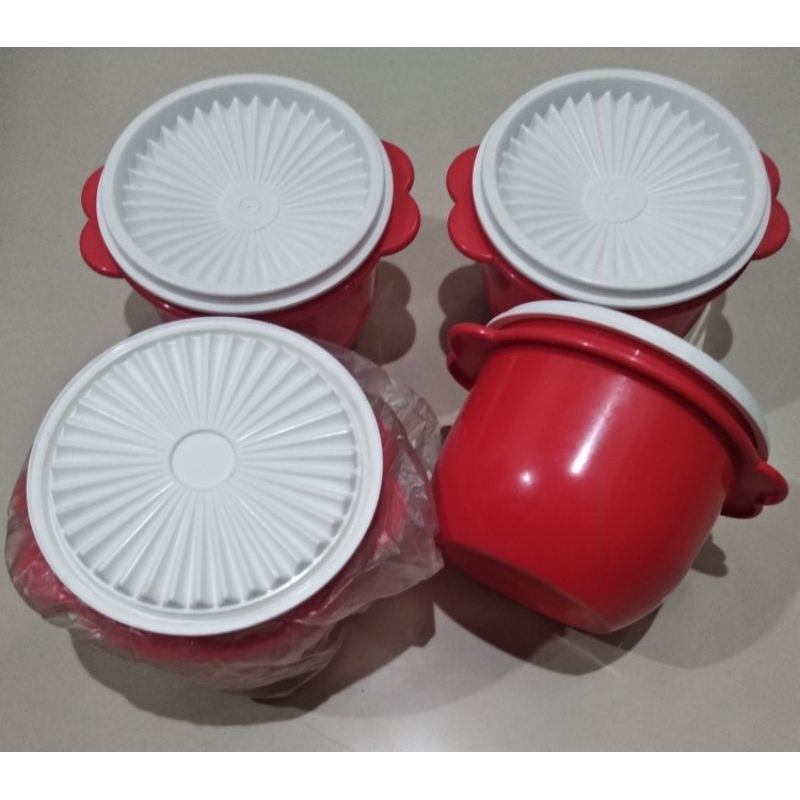 Tupperware Merah Mangkok Tutup Putih 4buah