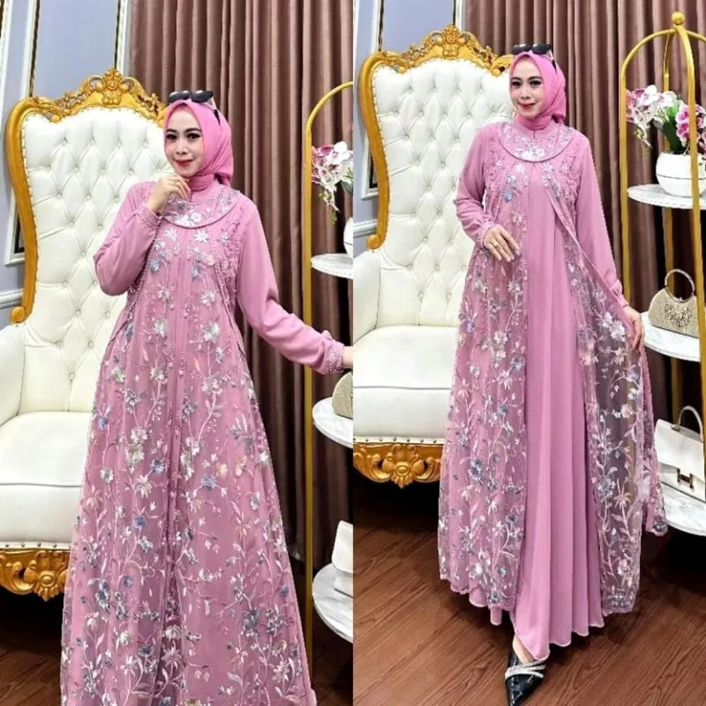 Gamis Brukat Kondangan Terbaru Diandra Maxy BP Bahan Kain Ceruty Baydoll Full Puring Mix Tile Garden