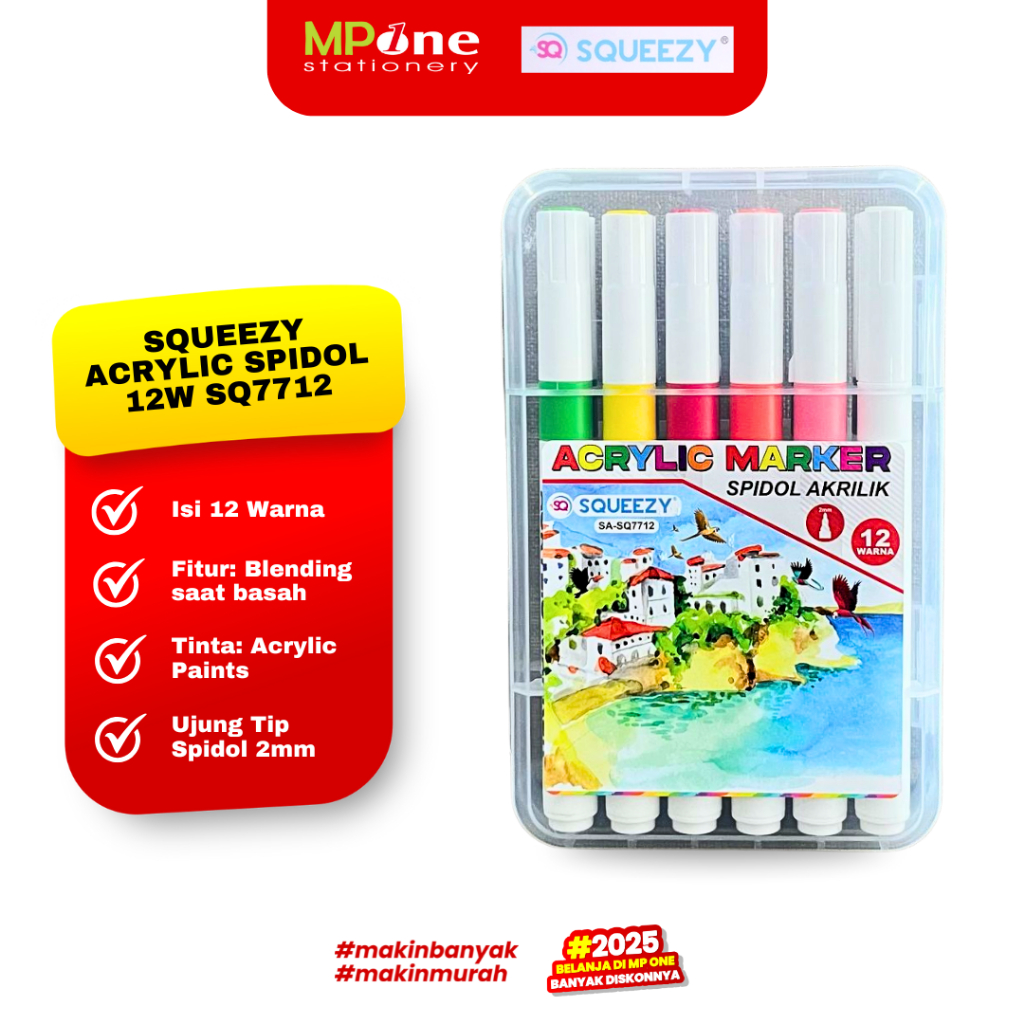 

Squeezy Acrylic Marker 12 Warna SQ7712 / Spidol Acrylic 12W / Acrylic Brush Permanent Pen Marker SQUEEZY