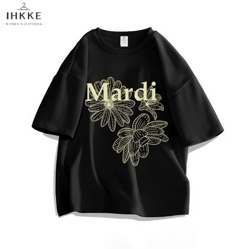 IHKKE Kaos Wanita Oversize Lengan Pendek Korea Style Mardi Daisy Kaos Bunga/100% Cotton Baju Atasan 