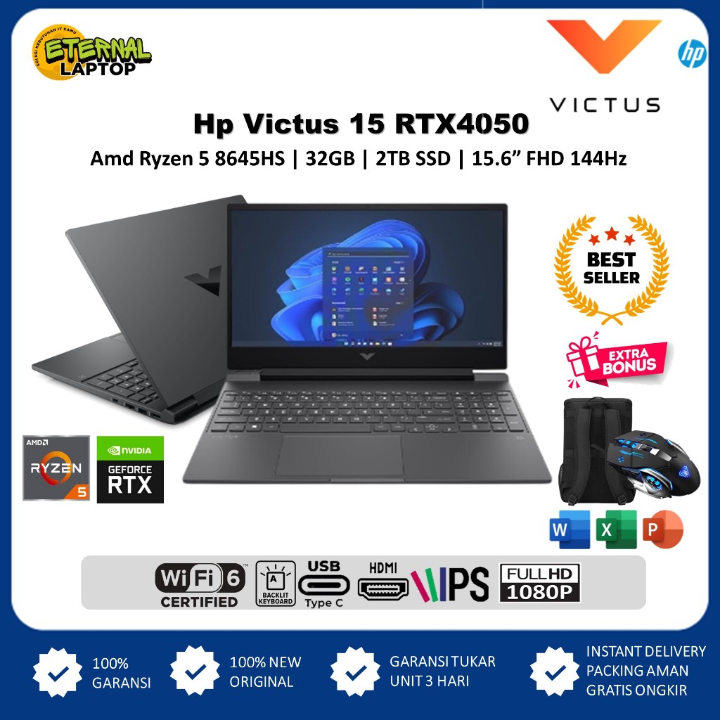 Laptop Gaming Hp Victus 15 AMD RYZEN 5 8645H DDR5 32GB 1TB SSD RTX4050 6GB FHD IPS 144HZ Win 11