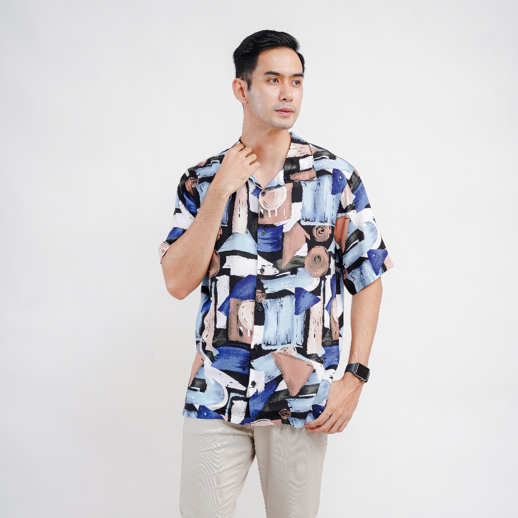 Atasan Kemeja Pria Lengan Pendek Bahan Rayon Premium jumbo Motif Callum Blue