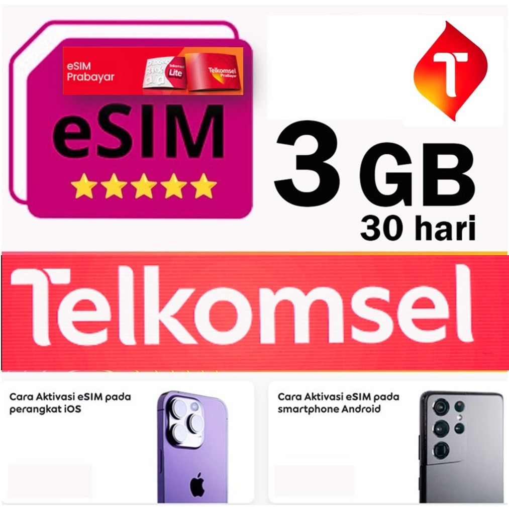 esim telkomsel | paket internet 3gb 30 hari | khusus HP garansi resmi Indonesia | kartu perdana