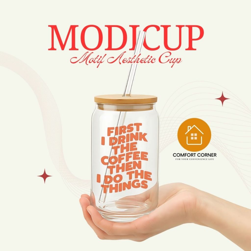 [GELAS CAFE AESTHETIC] MODICUP Gelas Kaca Lucu Gelas Motif Set Hampers dan Kado