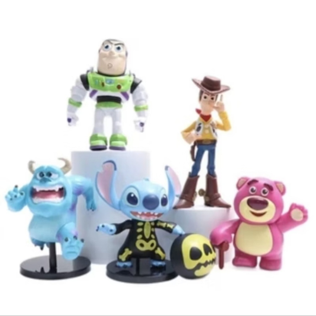 Koleksi Figure Pixar Set 5 Stitch Lotso Woody Buzz Lightyear Sullivan Topper / Action Figur Toy Stor
