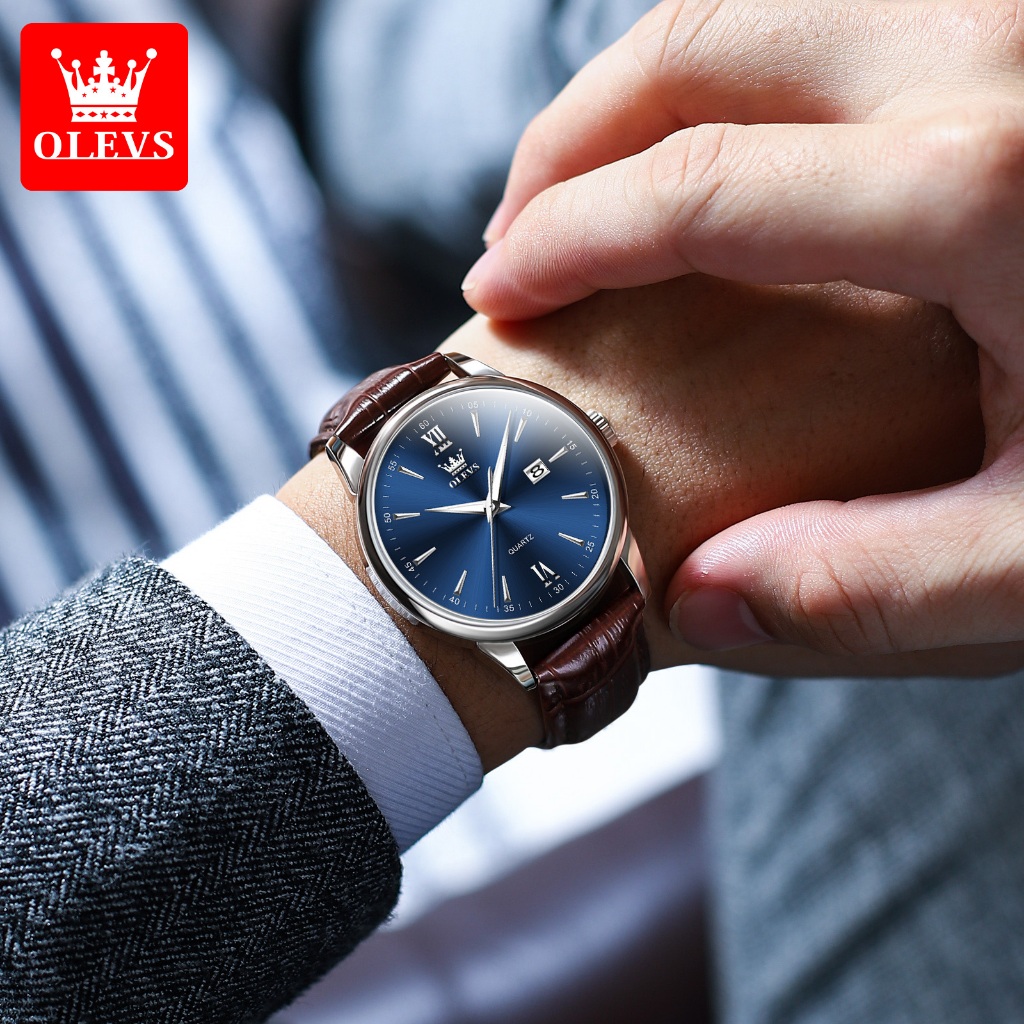 OLEVS Jam Tangan Pria Kulit Anti Air Digital Original Analog Casual Jam Tangan Pria Keren Terbaru