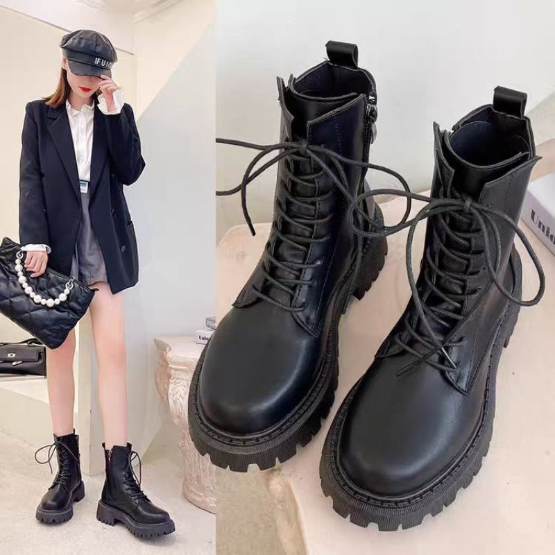 Sepatu Martin Boots Hitam Wanita Combat Kasual Korea Lace Up Leather S30