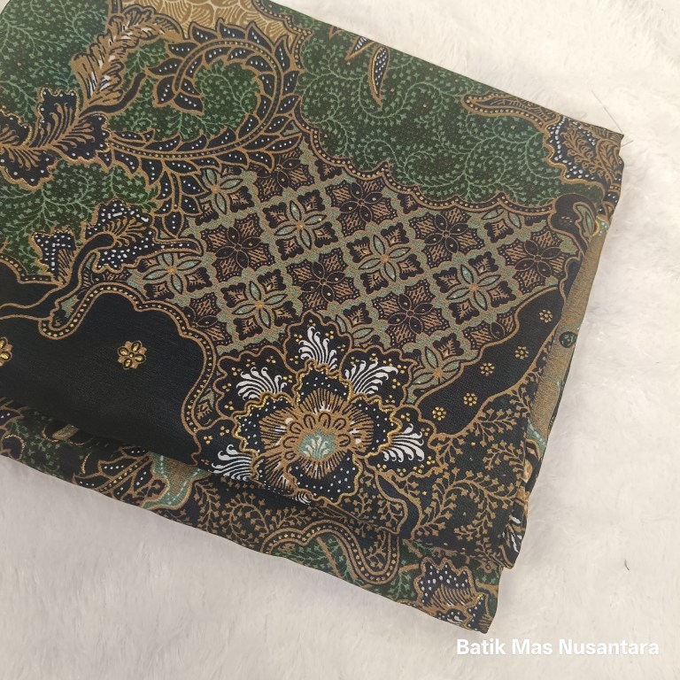 Kain Batik Prada Halus Premium Motif Klasik Sogan Motif Bunga Daun Warna Hijau Sage dan Emas  ( Per 