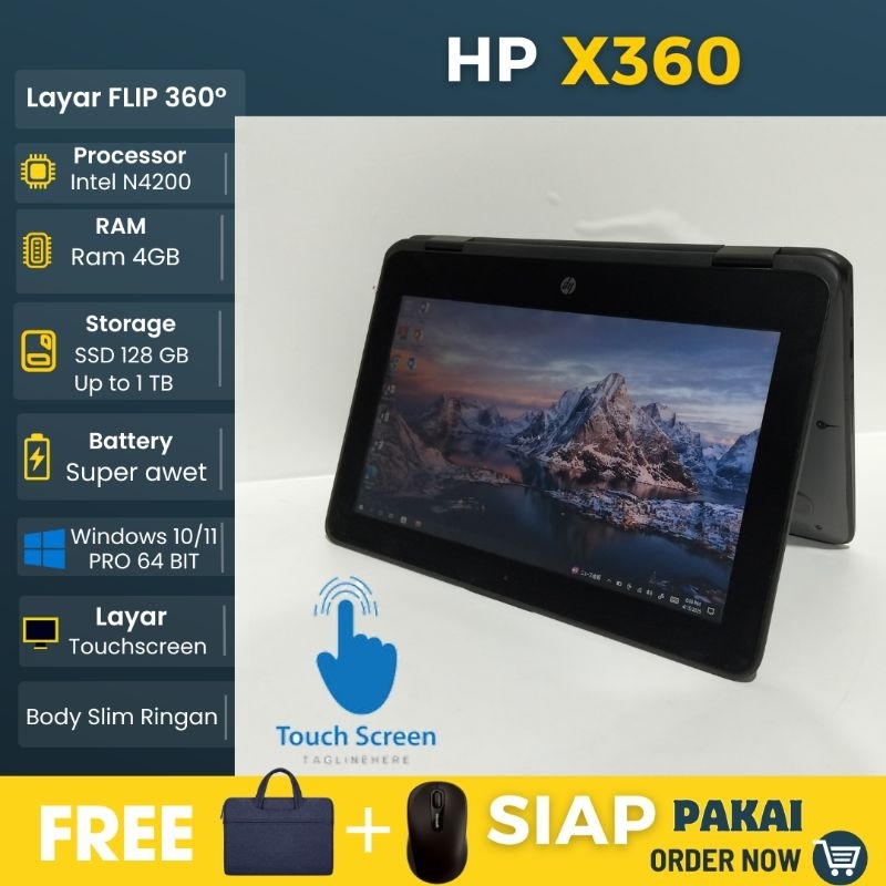Laptop HP X360 G1  intel N4200 Ram 4GB SSD 128GB Touchcreen Flip 360° windows 10 pro 64 bit - siap p