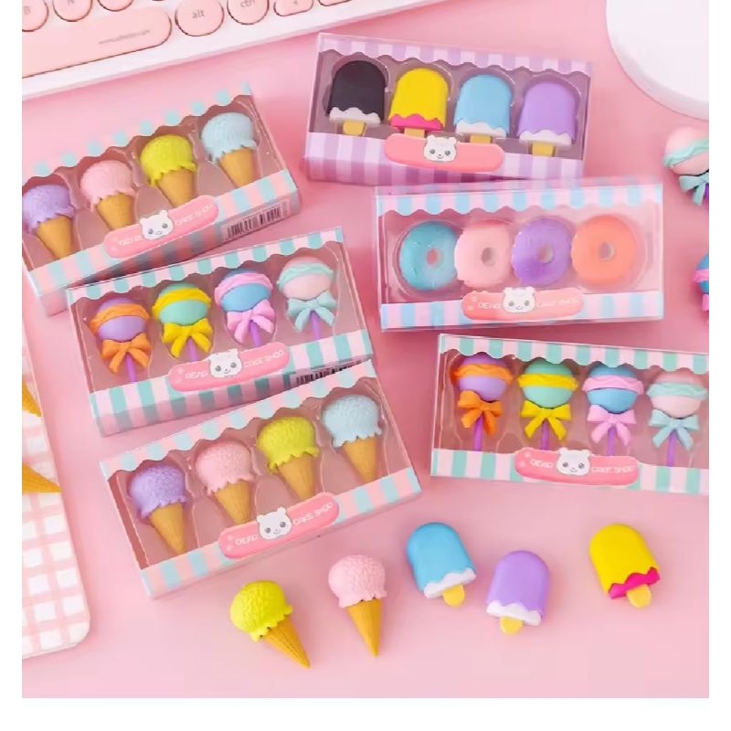 

PENGHAPUS 4 PCS /KARAKTER LUCU/PENGHAPUS ESKRIM/PENA/PENGHAPUS KARET/PENSIL
