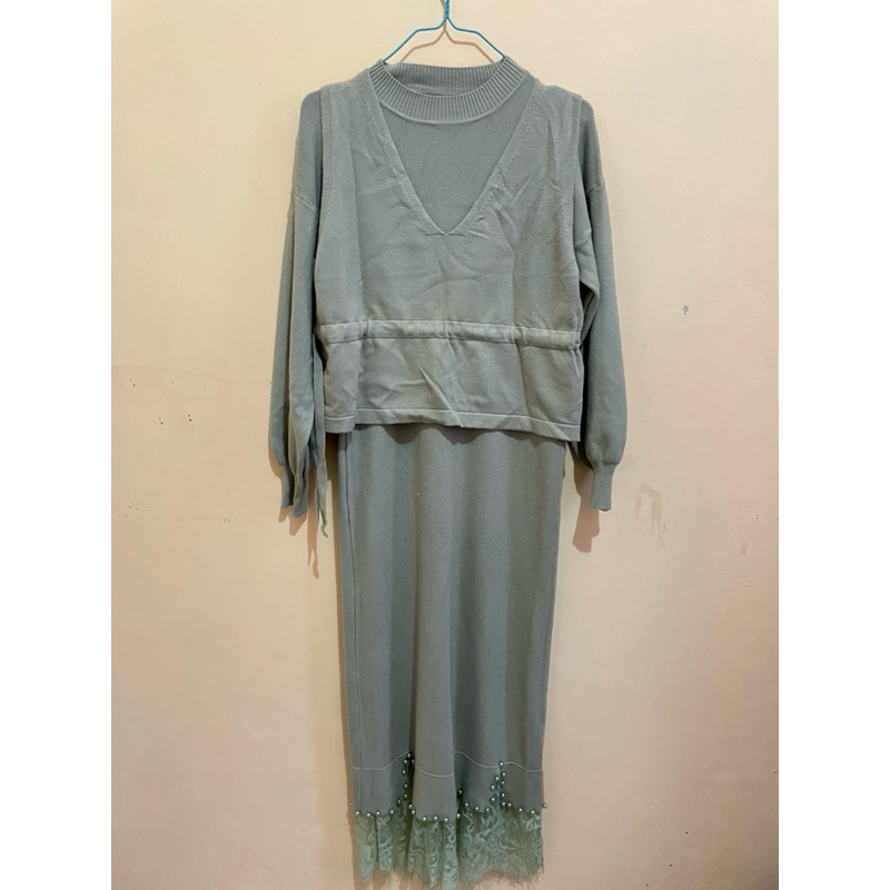 preloved gamis pinkdose rajut sage tebell