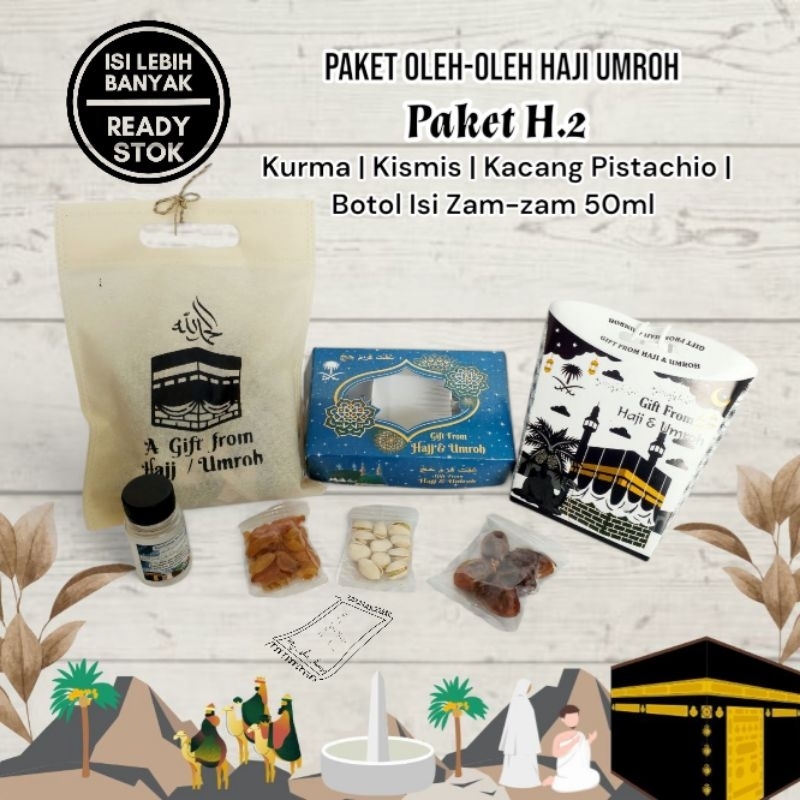 

Paket H.2 oleh oleh haji umroh berkualitas ( kurma kismis pistachio zam zam 50ml )