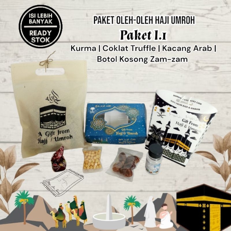 

Paket I.1 oleh oleh haji umroh berkualitas kurma kacang arab coklat botol kosong zam2