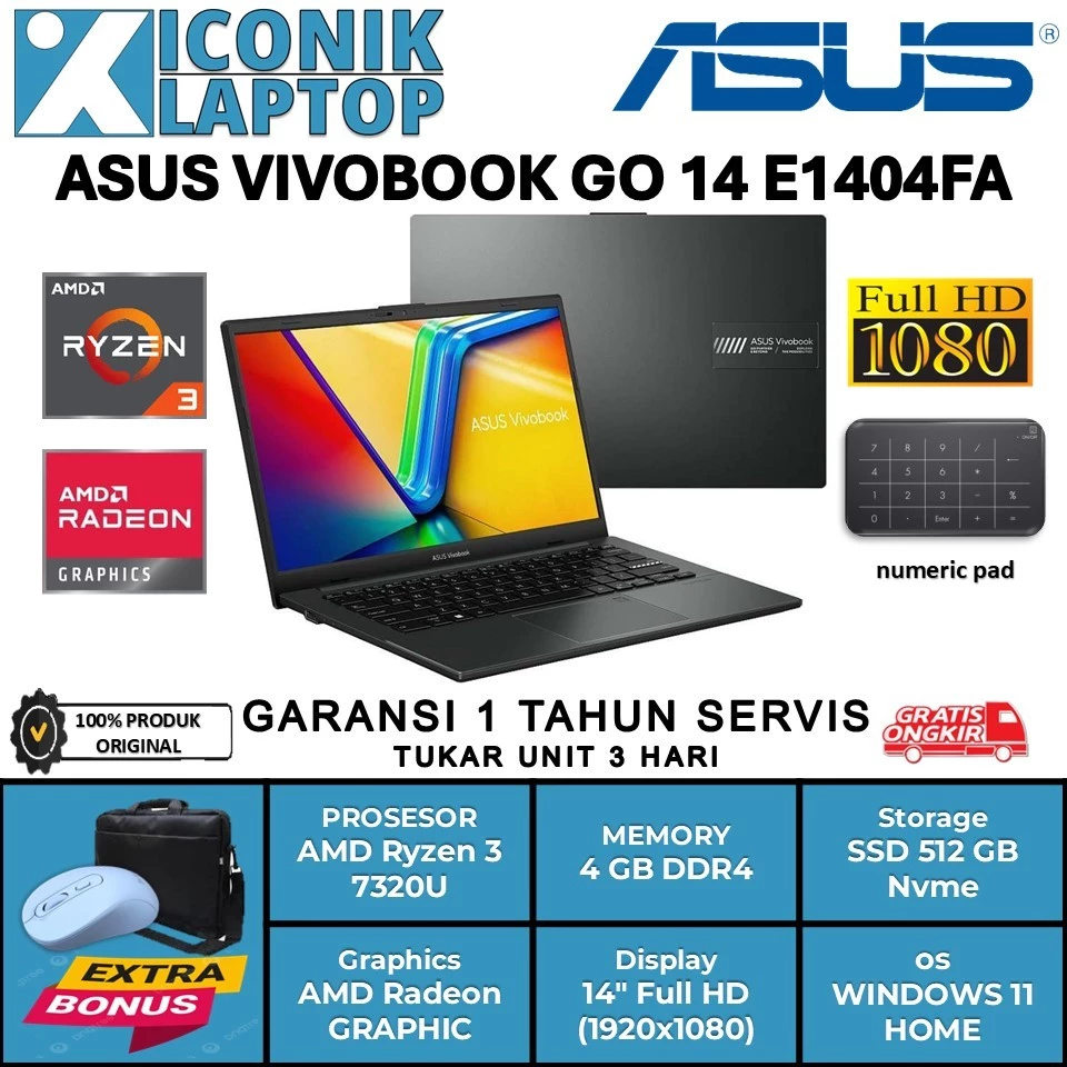 Laptop Asus Vivobook GO 14 E1404FA AMD Ryzen 3 7320U Ssd 512 GB Layar 14 FHD Black Asus Vivobook GO