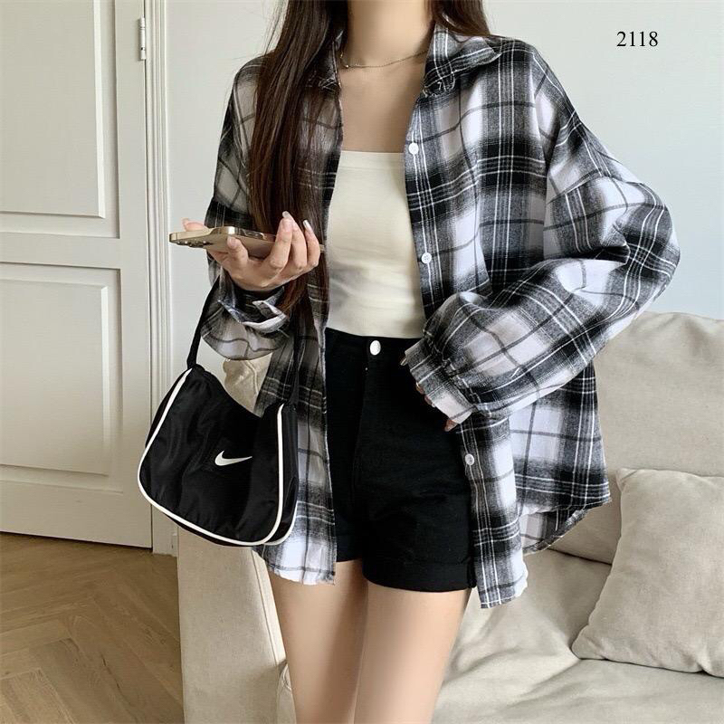 2118 Kemeja Wanita Flanel IMPORT PREMIUM Oversize Bubble Sleeve Korea Style