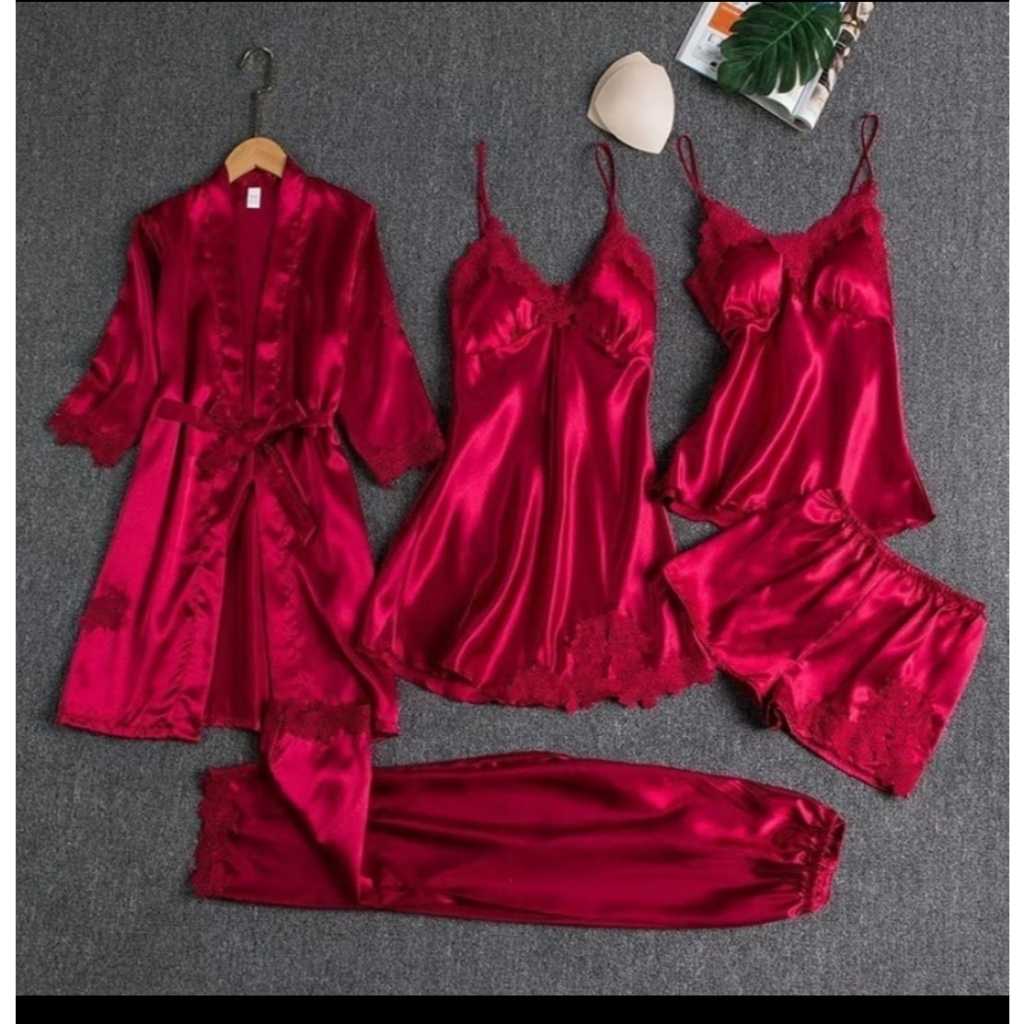 PIYAMA SET SEXY KIMONO 5 IN 1/ BAJU TIDUR SATIN WANITA / BAJU TIDUR SEXY/ LINGERIE SET KIMONO / DRES