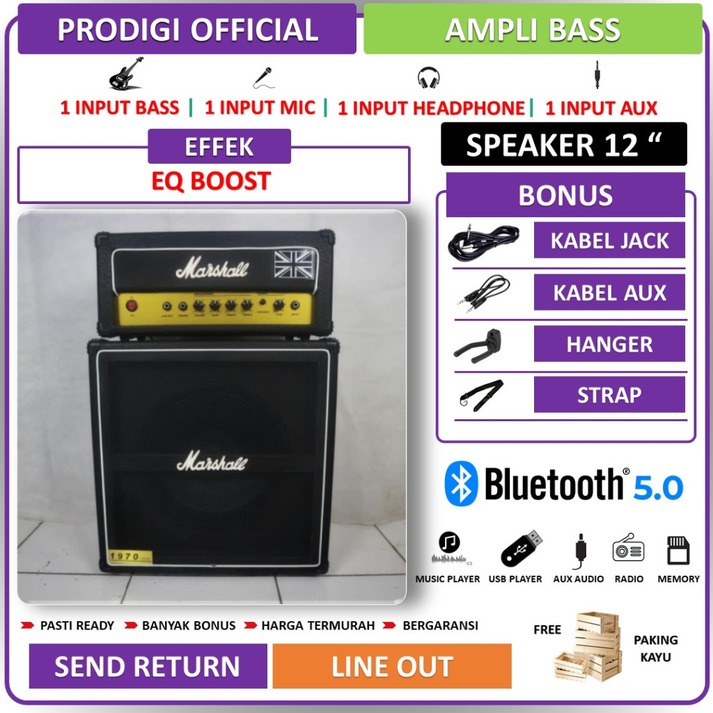 Ampli Bass & Gitar 12 Inch bluetooth bisa untuk karaoke Marshall 3 Input Head Cabinet Bonus Kabel Ja