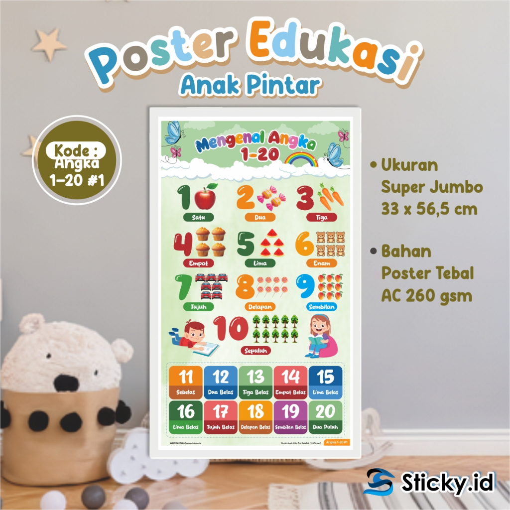 

POSTER BELAJAR EDUKASI ANAK - POSTER GAMBAR BERWARNA TEMA ANGKA 01 - 20 READY STOCK