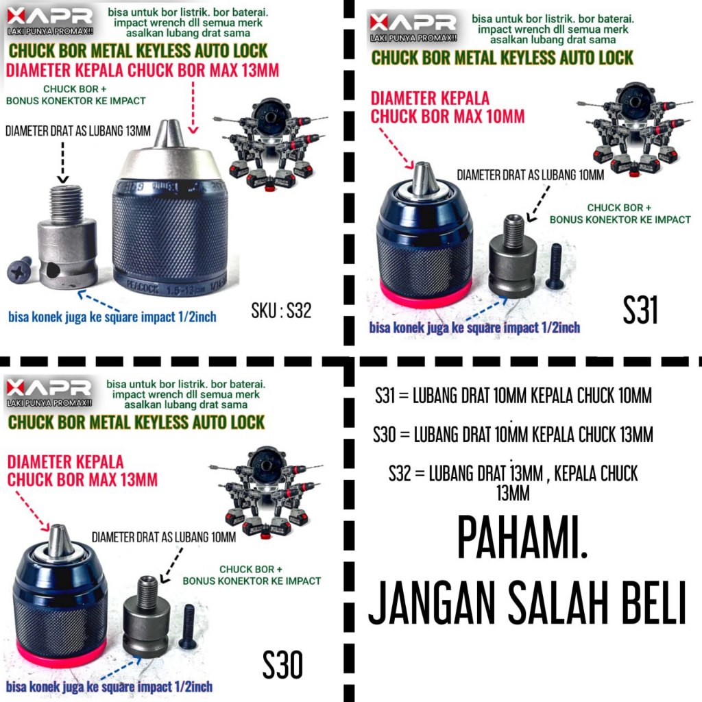 APR ORI Kepala Chuck Sett Plus Kunci Bor Konektor Ke Impact Keyless 10mm 13mm S15 S30 S31 S32