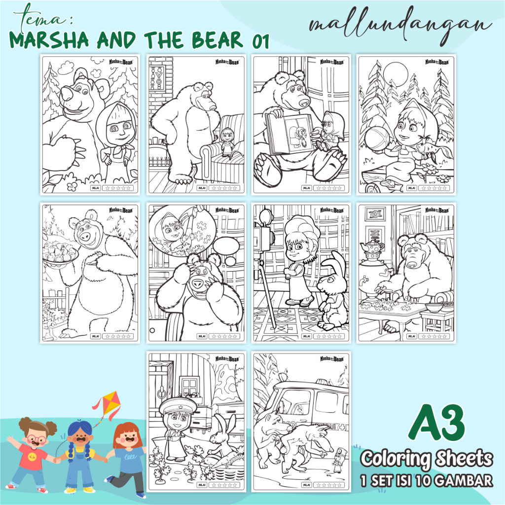 

LEMBARAN MEWARNAI ANAK A3 - TEMA MASHA AND THE BEAR 01 - PAPER COLORING SHEETS FOR KIDS