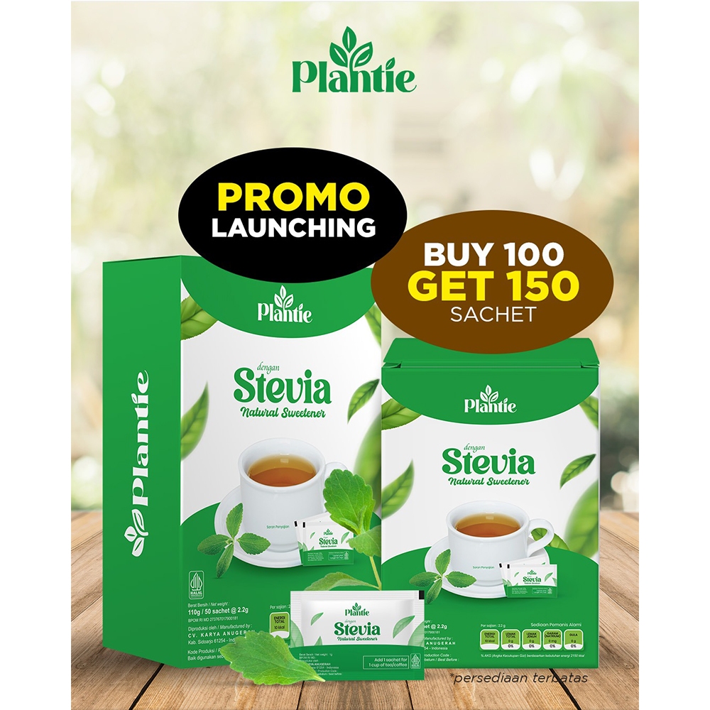 

Stevia Sweetener Pemanis Alami Rendah Kalori Plantie 100 Sachet Bonus 50 Saset