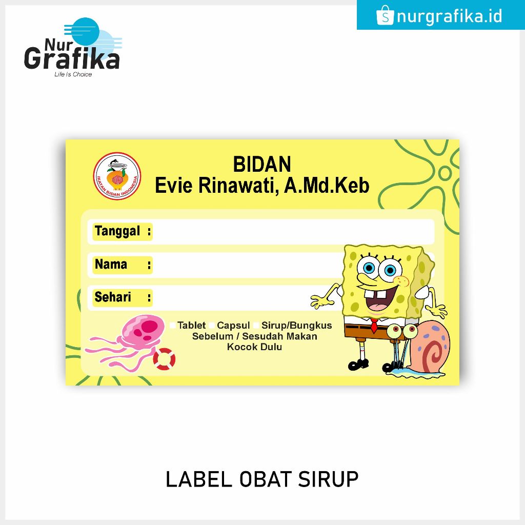 

( 1Pack Isi 80Pcs ) Label Obat Sirup Kartun Spongebob Collections