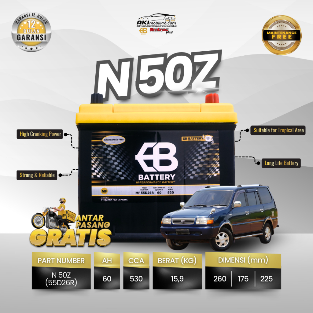 AKI MOBIL EB Battery MF N50Z (55D26R) | Aki Mobil Kijang Kapsul | Krista